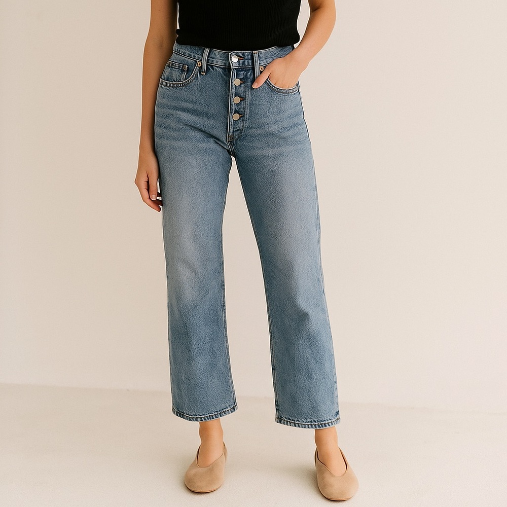 H&M High Rise Straight Leg Jeans Medium Wash